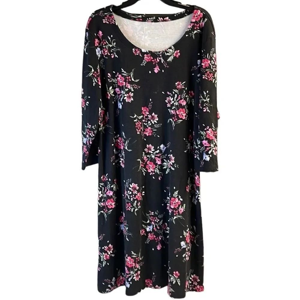 Women’s Black Floral Cotton Blend Swing 3/4 Sleeve Swing Dress Size XXL